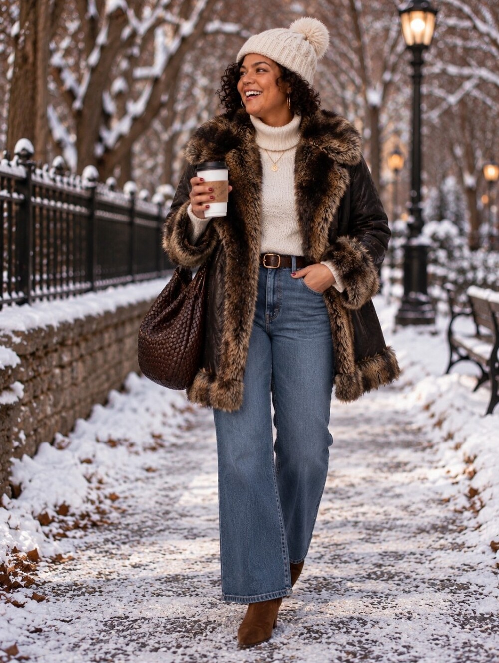 Ashley Stewart Black Coat with Brown Faux-Fur Trim